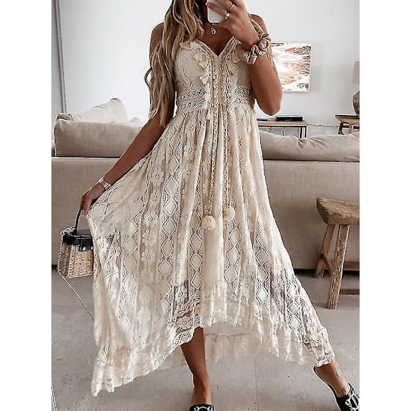Boho Sommar Lång Klänning Kvinnor Spets V-ringad Spagettiband Off Shoulder Strandklänning Vit DHLYQ19 Beige M