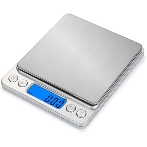 Højpræcisions køkkenvægt 500g/0,01g – Baggrundsbelyst LCD-skærm – Tarafunktion, PCS, 2 rustfri stålplatforme