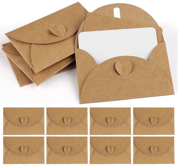 100 kraftpapirkonvolutter med 100 blanke papirkort, minikonvolutter med hjerteforsegling til gavekort DIY graffiti