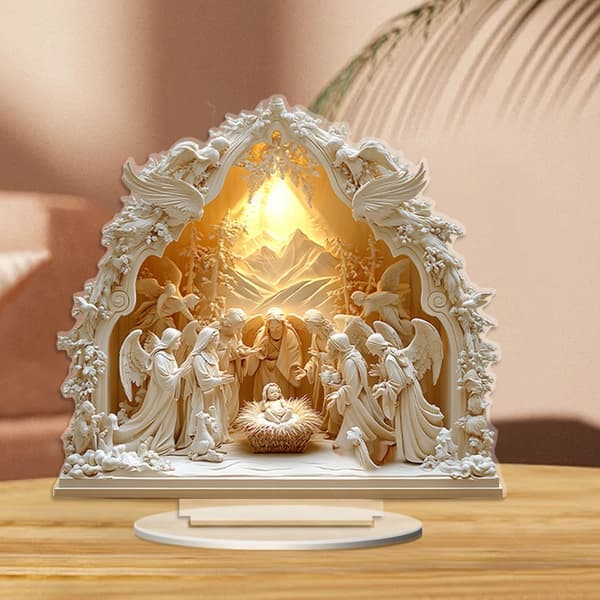 Kunstnerisk 2D Religiøs Julekrybbeskulptur med Base Akryl Skrivebordsornament