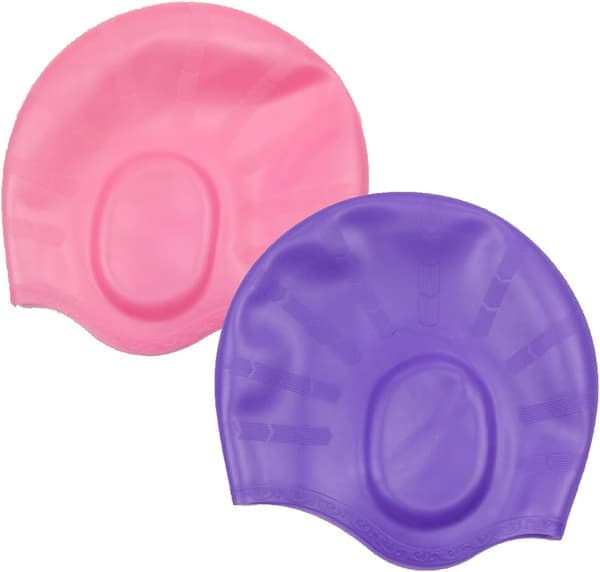 2-pakning badehette, dekker ørene, badehette, silikonbadehette, vanntett, med ørepropper for unisex voksne kvinner menn Pink+purple