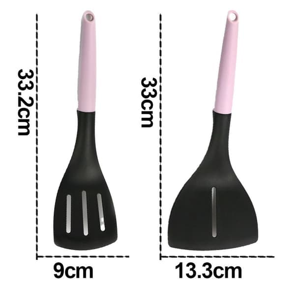 Rosa nylonskje, non-stick stekepanne, spesiell kokesil, stekespade + flatbunnet stekespade KLB