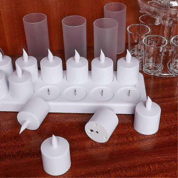 Flammeløse stearinlys med fjernkontroll, timer og ladebase, 12 stk. USB oppladbare LED telys