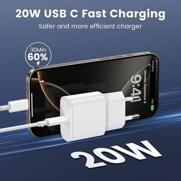 2-pak - Oplader til iPhone Adapter+Kabel 20W USB-C Hurtigoplader