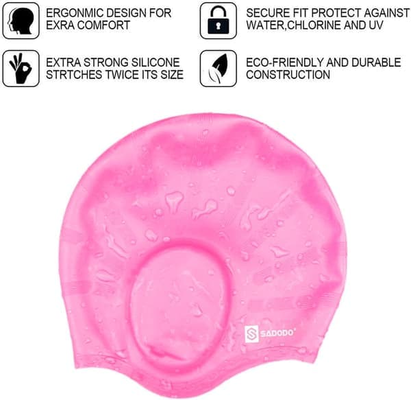 2-pakning badehette, dekker ørene, badehette, silikonbadehette, vanntett, med ørepropper for unisex voksne kvinner menn Pink+purple