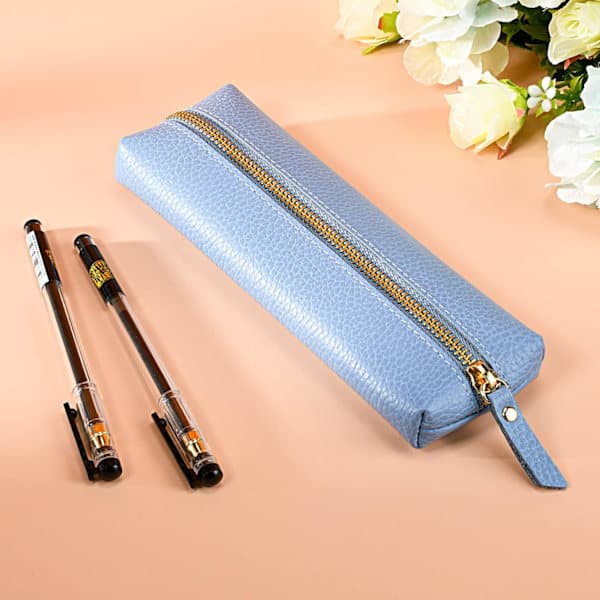 Lite blyantfutteral i skinn, blyantfutteral for voksne, Mykt blyantfutteral blue