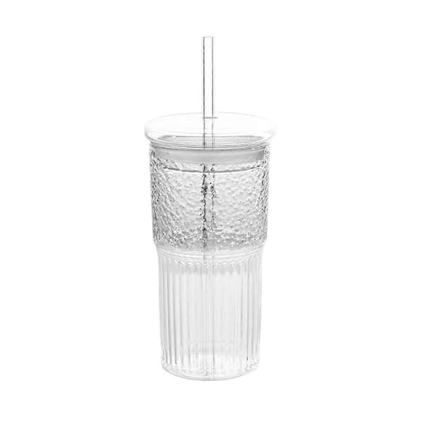 600 ml glaskopp mjölkkaffekopp med lock och sugrör transparent randig vattenkopp mugg dricksglas