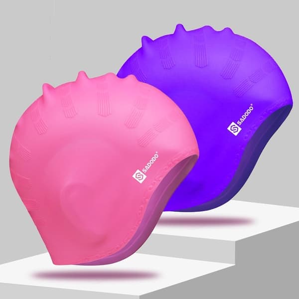 2-pakning badehette, dekker ørene, badehette, silikonbadehette, vanntett, med ørepropper for unisex voksne kvinner menn Pink+purple