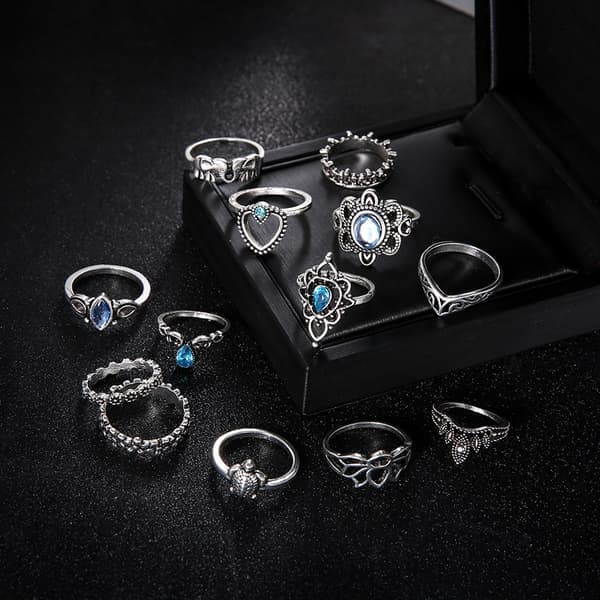 13-pack Boho Silverringar - Blå Rhinestones, Hjärta & Elefant Si