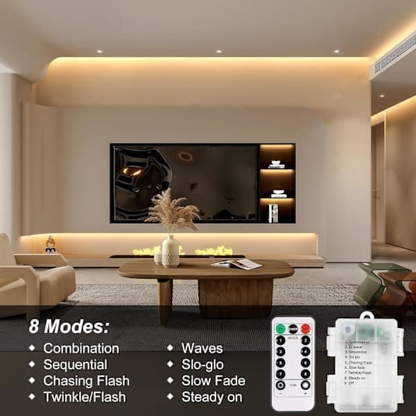 3m batteridrevne LED-lyslenker med fjernkontroll, vanntette, 8 moduser, dimbar timer, varmhvit