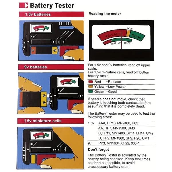 AA/AAA/C/D/9V/1.5V batterier, universel knapcelle, farvekodet, indikator, spændingstester, checker