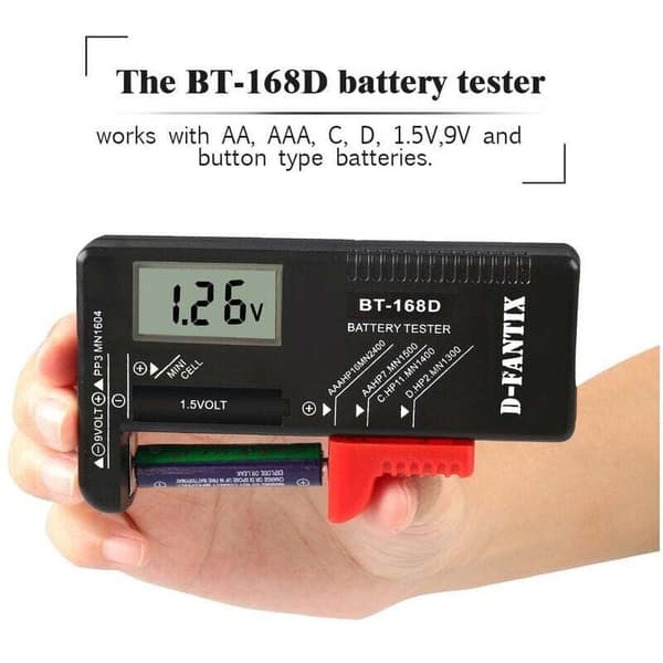 Digital batteritester, universal batteritester, batteritester, til AA, AAA, C, D, PP3, 9V, 1.5V, knapcellebatterier - fungerer uden batterier