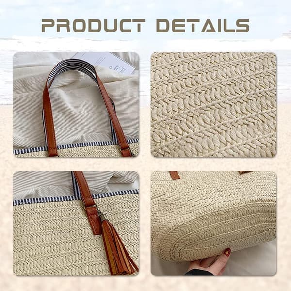 Damehåndtasker Sommer Strandtasker Store Muleposer Stråtasker med Kvast Damehåndtasker til Rejser, Ferie og Shopping