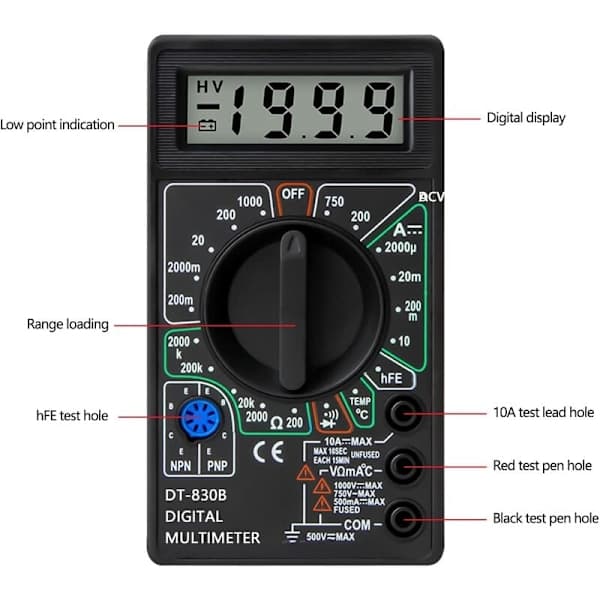 Multifunktionell bärbar multimeter för problem med fordonsapparater, digital multimeter med isolerade halkfria testkablar kompakt design och