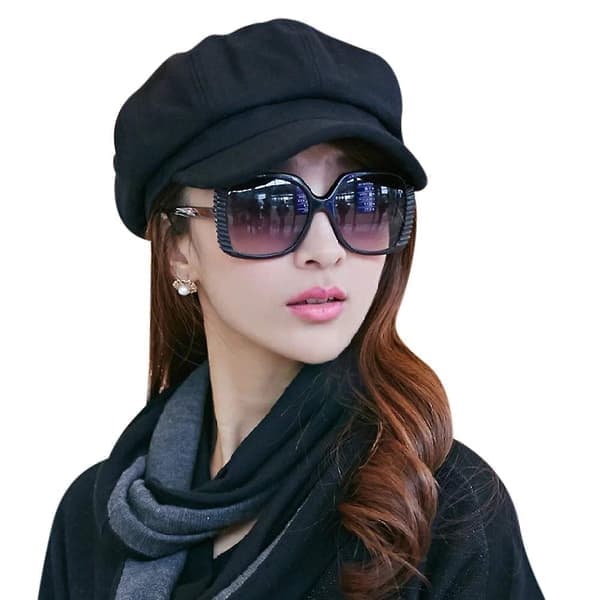 Baker Boy Cap Hat til Kvinder Pige Beret Franske Hatte Kasketter 8-Panel Varm Uld Newsboy Cap Sort