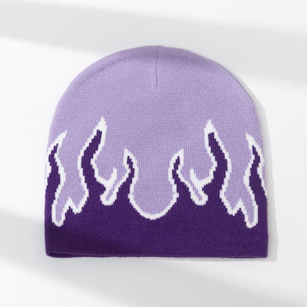 Thick Warm Earmuff Hat Men's Winter Flame Printed Riding Knitted Hat Pink