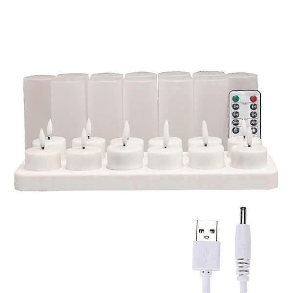 Flammeløse stearinlys med fjernkontroll, timer og ladebase, 12 stk. USB oppladbare LED telys
