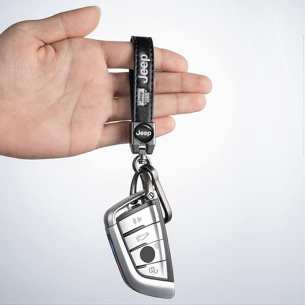 Nøglering i ægte læder til bilnøgle til Jeep bilnøgle, nøglering Wrangler Compass Cherokee mænd og kvinder, bilnøgle sort