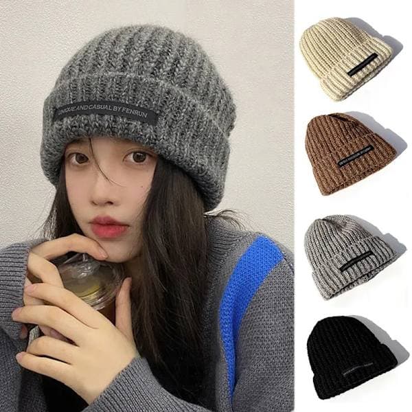 Winter Knitted Hat Women Loose Skullies Beanies Solid Color Five A6