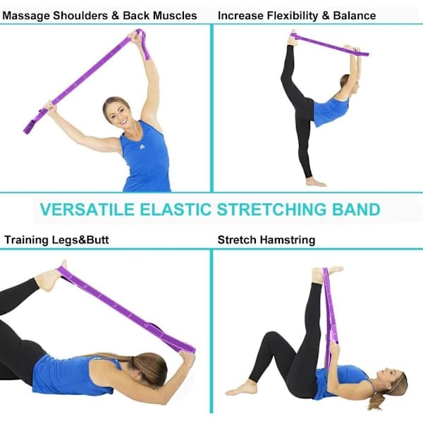 Yogasæt, yogastretchbånd med 9 løkker, vaskbart, let at bære lilla