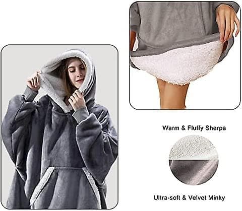 Oversized hettepledd, bærbar lammevelur, latmannspledd, grå Grey