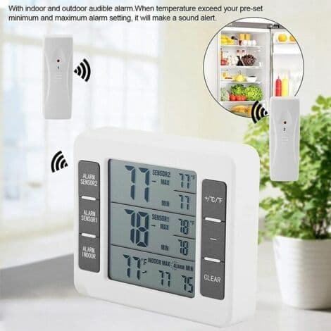 Digital termometer för kyl och frys med hörbart larm och trådlös sensor, Min/Max-display..ca