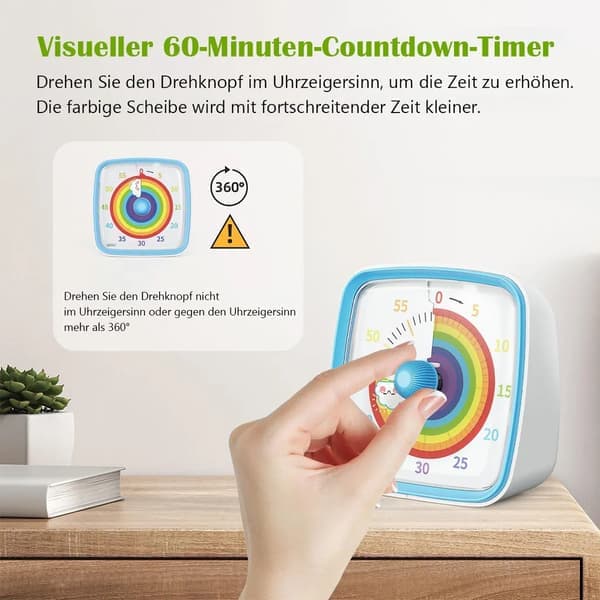 Regnbuemønster Visuell Timer for Barn, 60 Minutters Nedtellingstimer for Skrivebord, Tidsstyringsverktøy for Barn