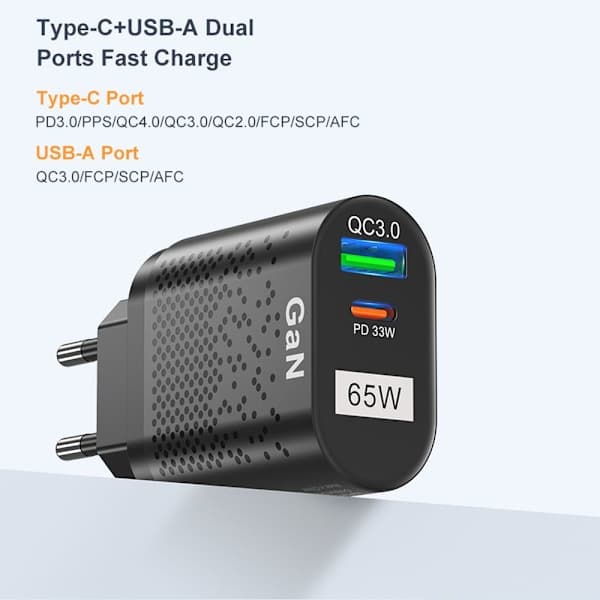 65W GaN hurtigopladeradapter black