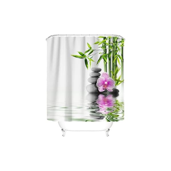 Zen 3D-printad bambu- och stenmönstrad anti-mögel duschdraperi, badrumsgardin 180x200cm lång, vattentätt polyestertyg, orkidémönster
