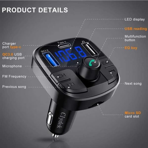 Bluetooth 5.0 FM-sender - Clydek - QC3.0 - Håndfri - Krystallklar lyd