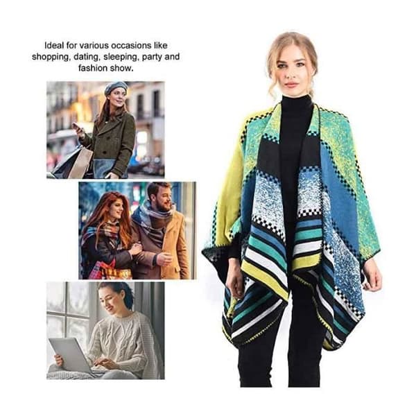 Retro åben poncho til kvinder - Strikket ternet mønster - Grøn - Med hætte