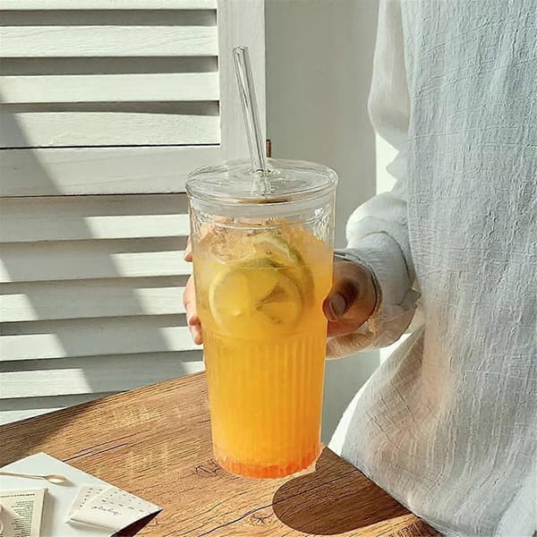 600 ml glaskopp mjölkkaffekopp med lock och sugrör transparent randig vattenkopp mugg dricksglas