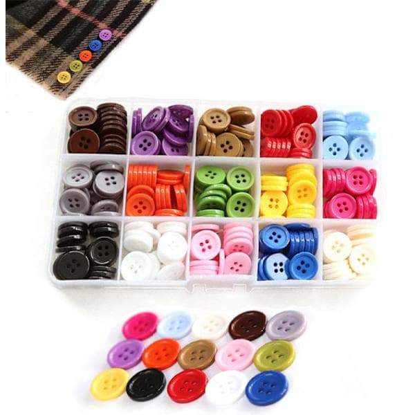 Knapper - 300 stk. - Tøjknapper - 4-huls knapper - Assorterede farver - 15mm