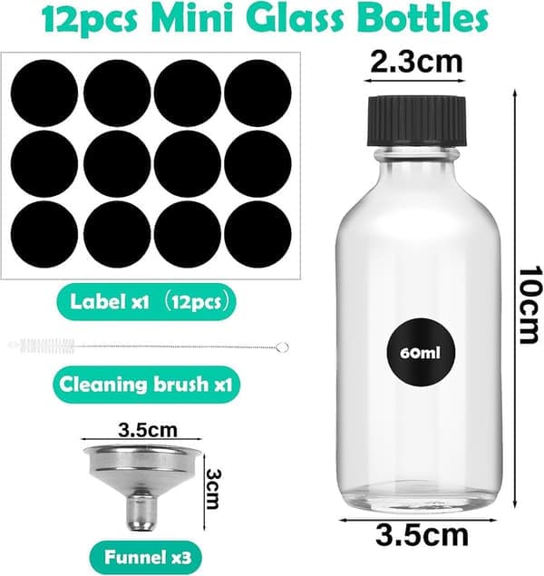 Minilasipullot kansilla, 12 shottipulloa täyttöön 60ml, pienet lasipullot
