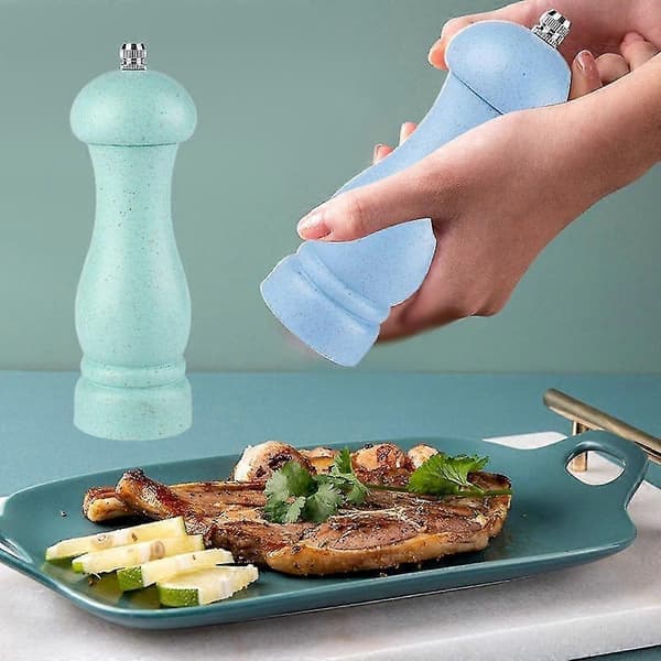 Høykvalitets salt- og pepperkvern i eik, justerbar grovhet og påfyllbar Light Ocean Blue