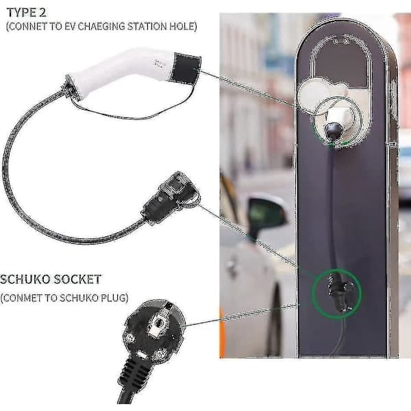 Typ 2 till Schuko 16A EV Laddningsadapter Vit Svart
