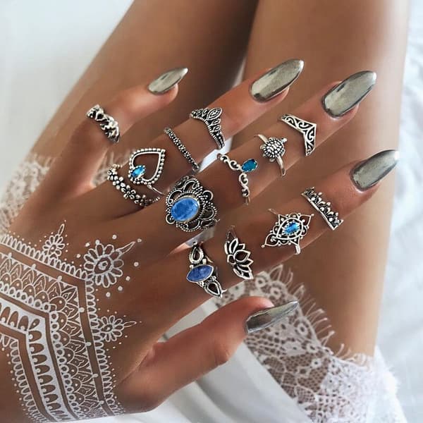 13-pack Boho Silverringar - Blå Rhinestones, Hjärta & Elefant Si