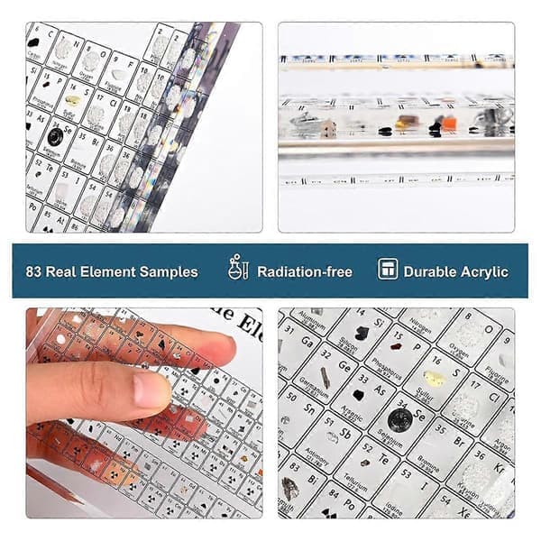 Periodisk tabell med ekte elementer inni, elementtabell, akryl periodisk systemdisplay med 83
