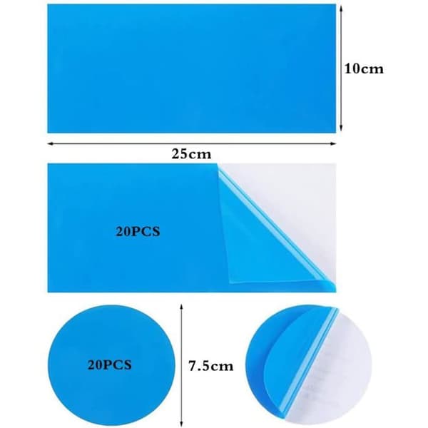 Sats med 40 självhäftande PVC-poolreparationslappar - 20 rektangulära 25x10 cm + 20 runda Ø7,5 cm, blå