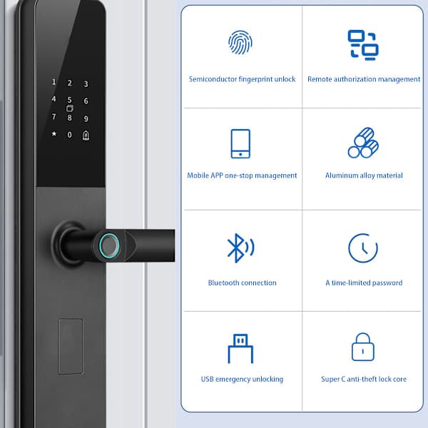 Smartlås med fjernstyring og overvåking, fingeravtrykksdørlås, biometrisk dørlås med flere opplåsingsmetoder, USB-nødstrøm