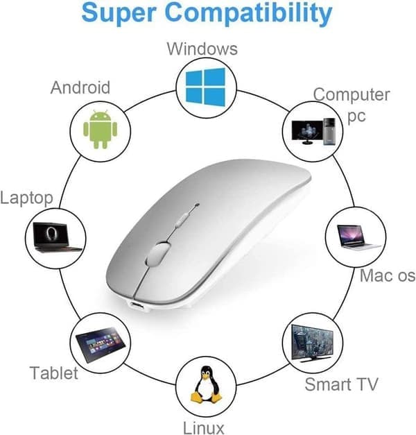 Trådlös Bluetooth-mus - Silver - Tyst - Uppladdningsbar - 3 DPI-nivåer