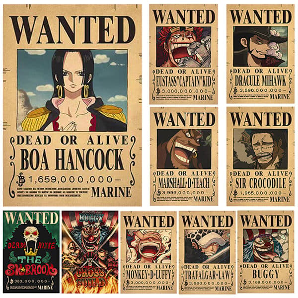 10 affischer One Piece Wanted Poster Luffy Pappersdekor 10 st/set