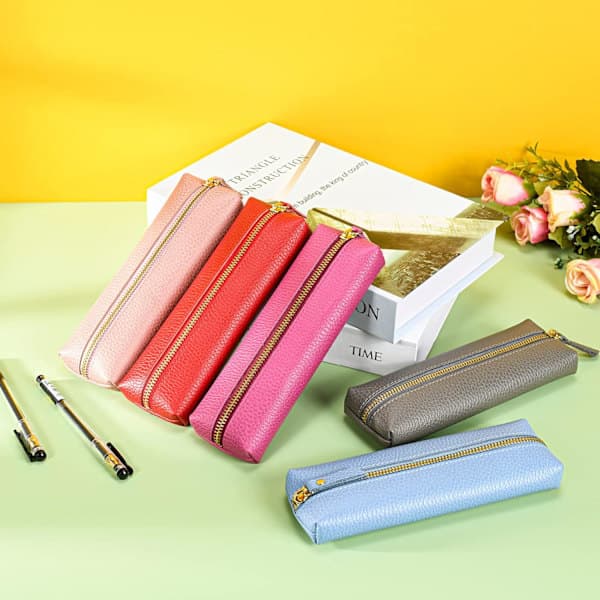 Lite blyantfutteral i skinn, blyantfutteral for voksne, Mykt blyantfutteral pink