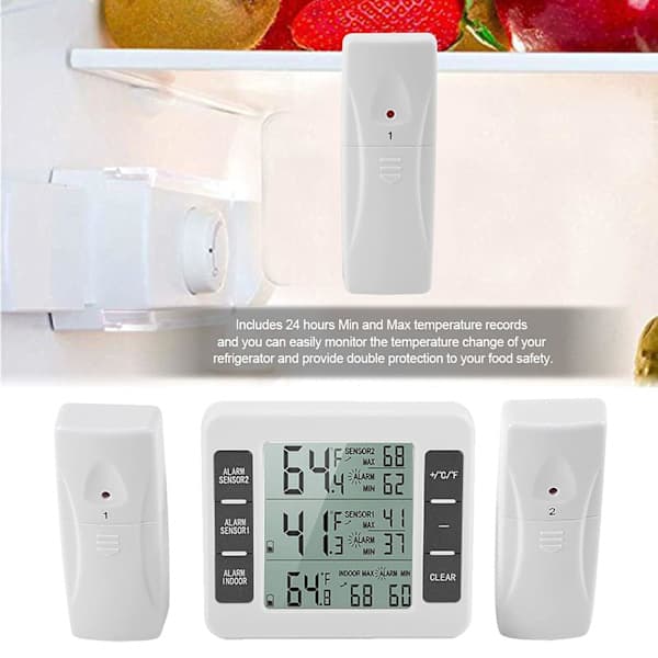 Digitalt kjøleskap- og frysetermometer med alarm og trådløs sensor