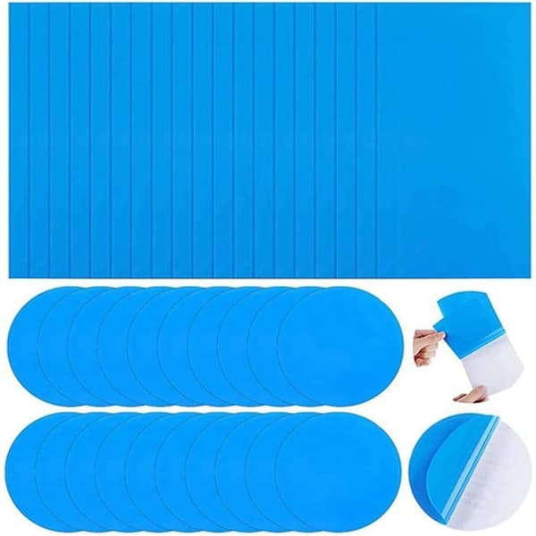 Sats med 40 självhäftande PVC-poolreparationslappar - 20 rektangulära 25x10 cm + 20 runda Ø7,5 cm, blå