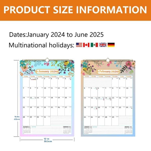 Veggkalender A5 12\" x 16,9\", jan. 2024. jun. 2025, vertikal