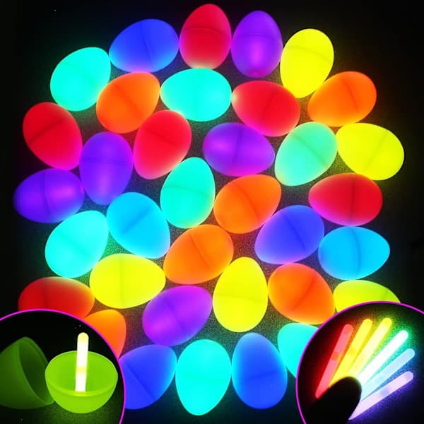 100 Glow-in-the-Dark Easter Eggs with 100 Mini Glow Sticks for Kids, Luminous Easter Basket Stuffers Gift, Easter Egg Hunt Game Party Favors Class