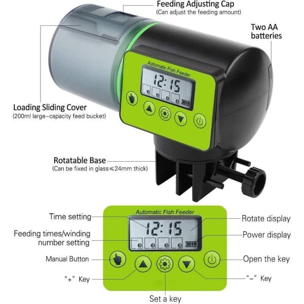 Grön Automatisk Akvariefoderdispenser, Fuktbeständig för Fisk - Batterier Ingår Ej
