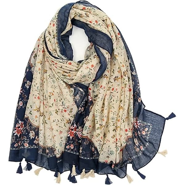 Boho-sjal för kvinnor Lätt blommigmönstrad sjal Höst Vinter Mode Fransad sjal