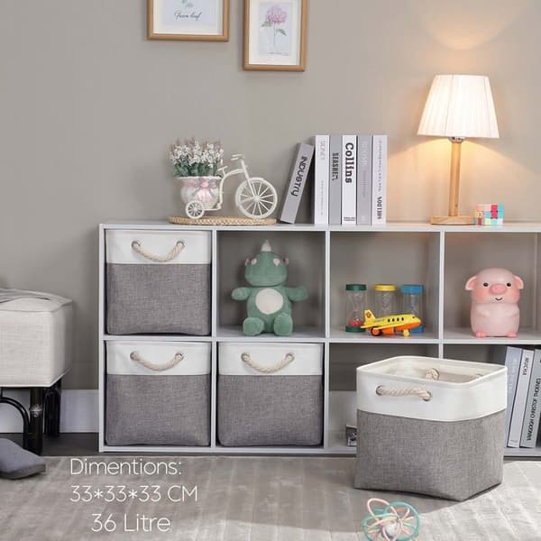 Vikbar förvaringskub 33×33×33 cm - set om 3, linne & non-woven tyg, metallram (vit och grå)